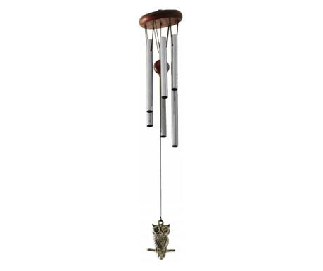 Clopotel de vant cu 6 tuburi sonore metalice pentru casa sau gradina, model clasic cu bufnita, argintiu