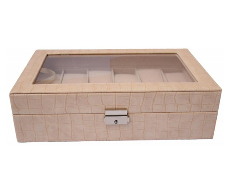 Елегантна кутия за съхранение с отделения за 12 часовника, крокодилски принт, кремава