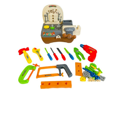 Banc de scule mic, unelte si elemente constructie pentru copii, 34 piese