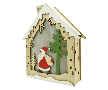 Decoratiune luminoasa, model de  Casa cu Mos Craciun, maro, lungime: 18 cm, latime: 21 cm, inaltime: 5 cm, lemn, interior/exteri