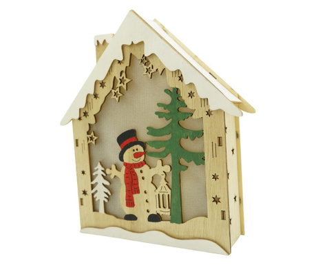 Decoratiune luminoasa, model de  Casa cu Om de zapada, maro, lungime: 18 cm, latime: 5 cm, inaltime: 21 cm, lemn, interior/exter