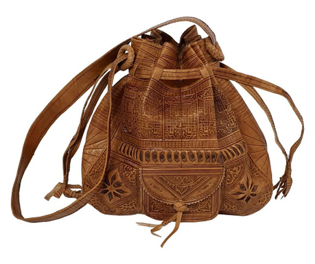 Geanta de umar medie bucket marocana din piele, gravata manual, maro