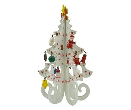 Decoratiune Craciun, Brad, Alb, 6 cavitati cu ornamente, 12 cm x 20 cm, Lemn, Flippy