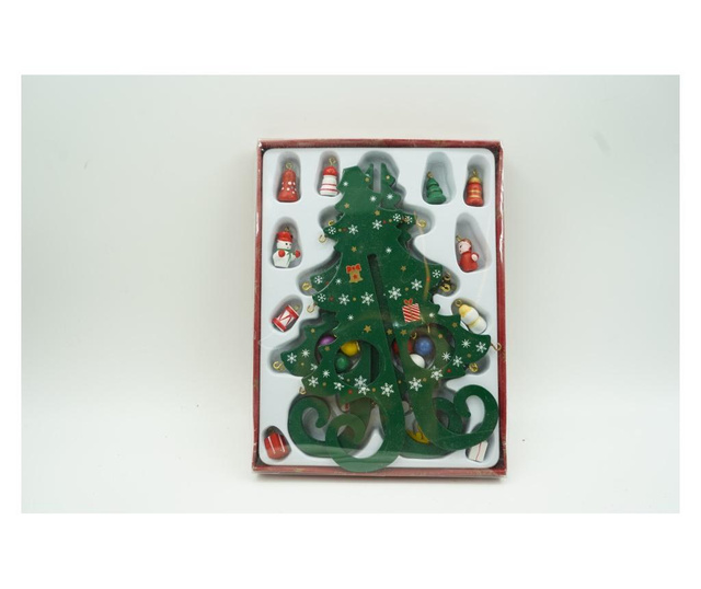 Decoratiune Craciun, Brad, Verde, 6 cavitati cu ornamente, 12 cm x 20 cm, Lemn, Flippy