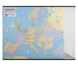 Стенна карта на Европа, политическа, 140 x 100 cm, ламинирана, мащаб 1:3 500 000
