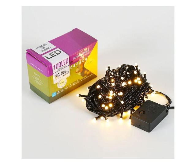 Instalatie Craciun liniara, cu transformator 31V, 10m, alb cald, 100 LED-uri V5, 8 jocuri de lumini, Fir verde, Flippy
