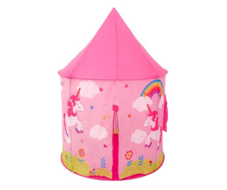 Casuta roz pentru copii forma rotunda cu peisaj multicolor unicorn si curcubeu