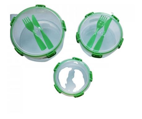 Set 3 casoleta patrata pentru pranz cu tacamuri, verde