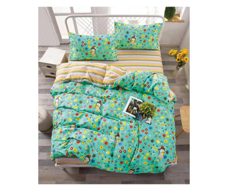 Lenjerie de pat pentru o persoana cu husa elastic pat si fata perna dreptunghiulara, kimana, bumbac mercerizat, multicolor Spring 2022