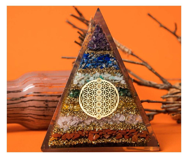 Piramida energetica orgonica Zaina, din pietre semipretioase 7 Chakre cu Simbol Floarea Vietii  8.5x11cm
