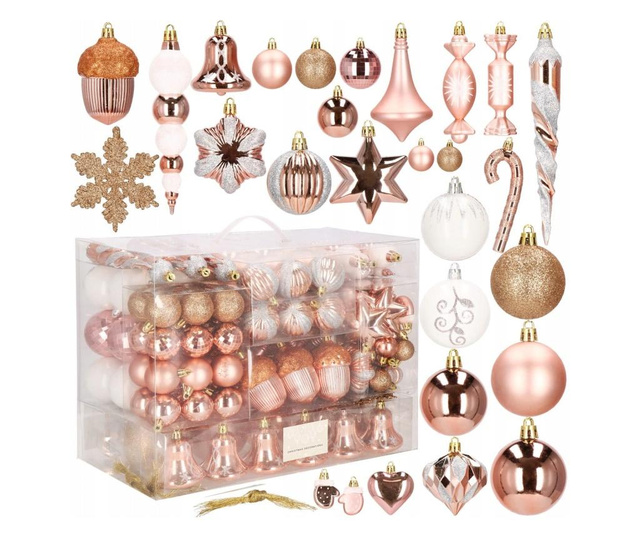 Set globuri si decoratiuni de Craciun, 152 piese, diverse dimensiuni, roz auriu