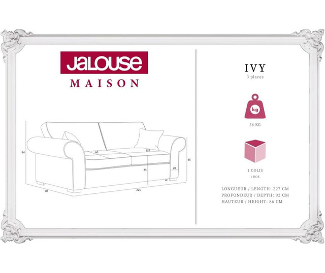 Canapea extensibila 2 locuri Jalouse Maison, Ivy Cream, crem, 225x90x84 cm