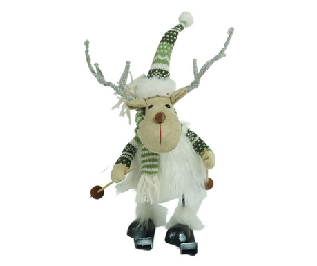 Ornament de Craciun ren pe schiuri, Flippy, alb/verde, textil, 33 cm