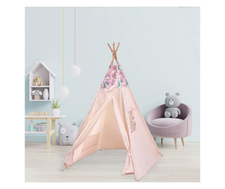 Cort copii stil indian Teepee Tent Pink Unicorn, stabilizator cadou