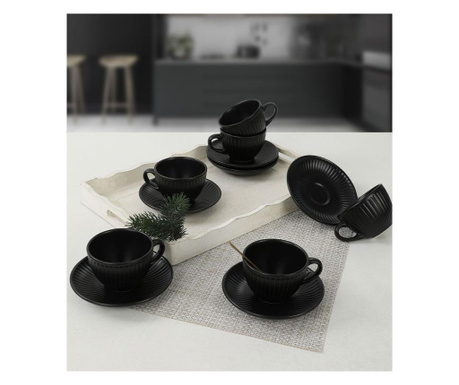 Set de 6 cesti de ceai si farfurie Keramika, ceramica, negru mat, 8x8x6 cm