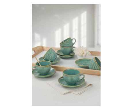 Set de 6 cesti de ceai si farfurie Keramika, ceramica, turcoaz/maro, 8x8x6 cm