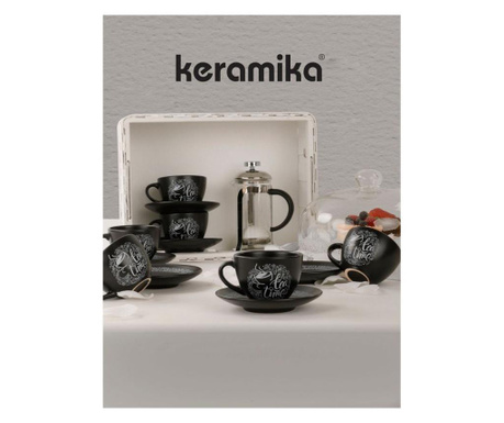 Set de 6 cesti de ceai si farfurie Keramika, ceramica, negru mat, 7x7x5 cm