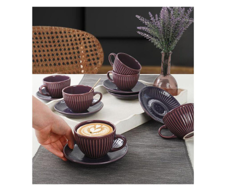 Set de 6 cesti de ceai si farfurie Keramika, ceramica, mov, 8x8x6 cm