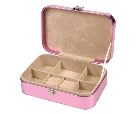 Металена кутия за бижута с закопчалка, Кадифена подплата, 5 прегради, Калъфи за пръстени, Розов металик