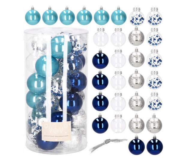 Set globuri de Craciun Inedit, 30 bucati, 6cm, transparente si albastru