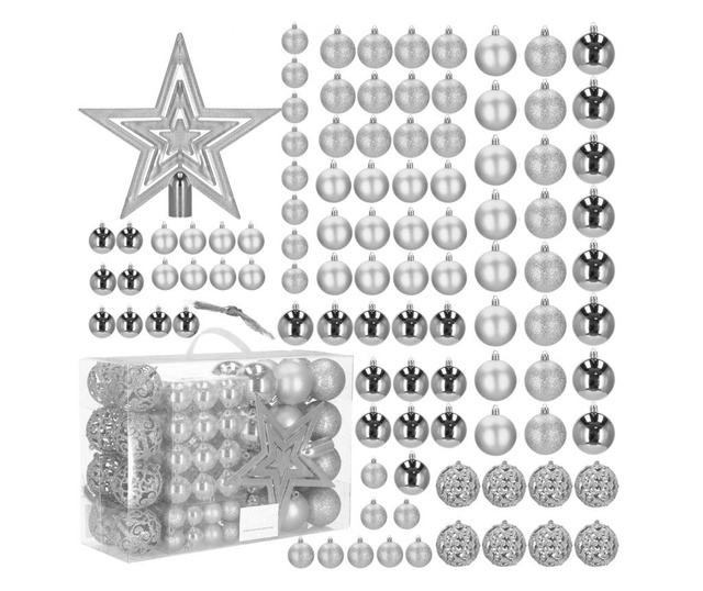 Set globuri si decoratiuni de Craciun, 100 piese, diverse dimensiuni cu stea, argintiu