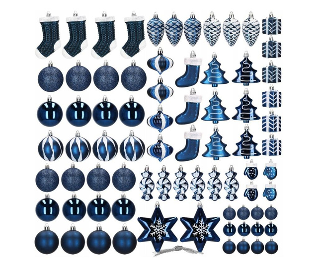 Set globuri si decoratiuni de Craciun, 77 piese, diverse dimensiuni, albastru inchis