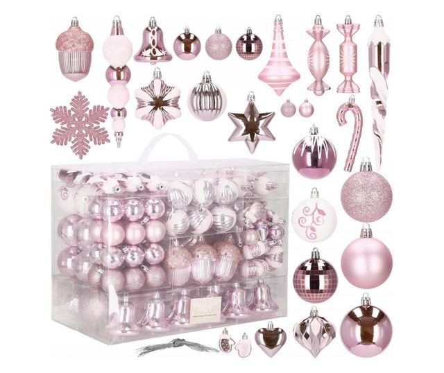 Set globuri si decoratiuni de Craciun, 155 piese, diverse dimensiuni, roz