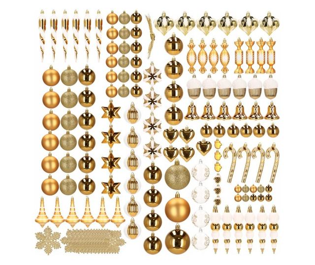 Set globuri si decoratiuni de Craciun, 155 piese, diverse dimensiuni, auriu
