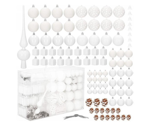 Set globuri si decoratiuni de Craciun, 101 piese, diverse dimensiuni, alb