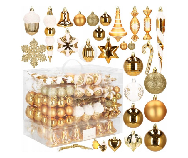 Set globuri si decoratiuni de Craciun, 155 piese, diverse dimensiuni, auriu
