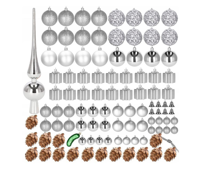 Set globuri si decoratiuni de Craciun, 101 piese, diverse dimensiuni, argintiu