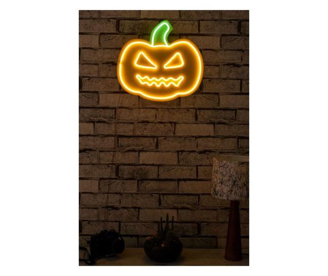 Decoratiune de perete cu LED Neon Graph, Pumpkin, Sablon din spuma PVC, Led, galben/verde, 30x28x2 cm