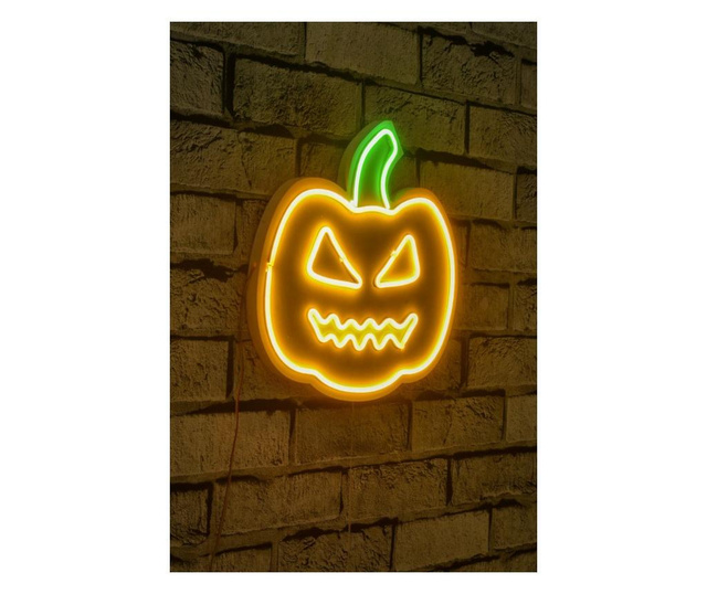 Decoratiune de perete cu LED Neon Graph, Pumpkin, Sablon din spuma PVC, Led, galben/verde, 30x28x2 cm