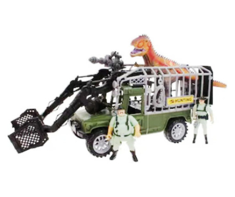 Set de joaca Jurasic Vanatoarii de dinozauri cu 3 figurine si o masina de teren cu cusca