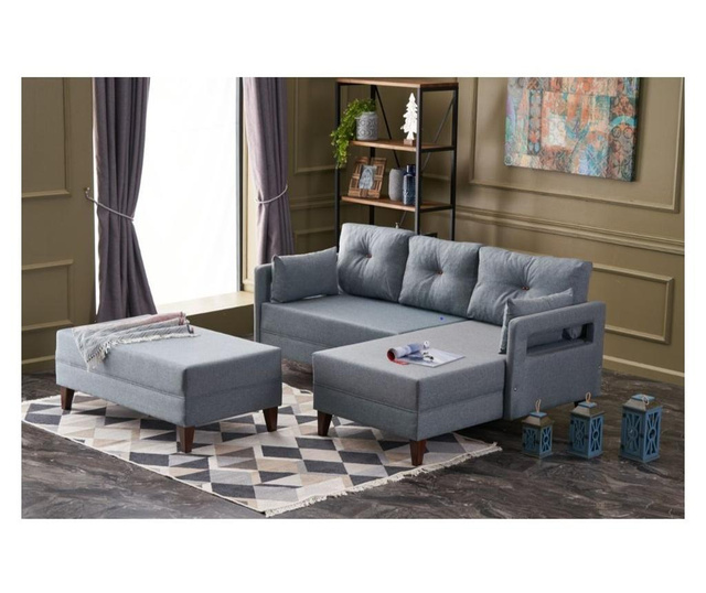 Set coltar extensibil dreapta si taburet Balcab Home, Comfort Right, Material tapiterie: poliester, albastru