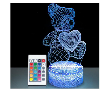 Lampa De Veghe 3D LED, Ursulet cu inimioara, 16 Culori, schimbare culoare prin telecomanda, Lumina Ambientala, Alimentare USB cu