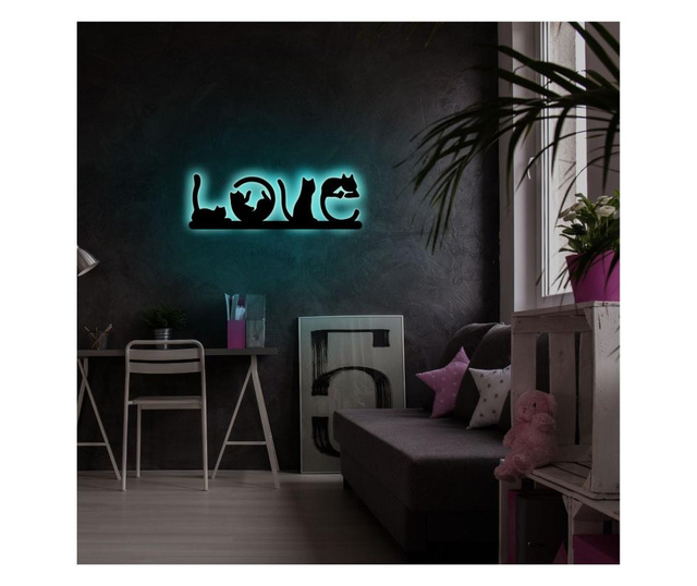 Aplica de perete Neon Graph, Cat Love, baza din placa MDF, albastru, 70x22 cm