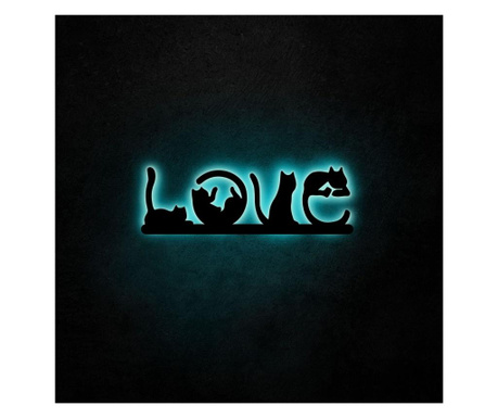 Aplica de perete Neon Graph, Cat Love, baza din placa MDF, albastru, 70x22 cm