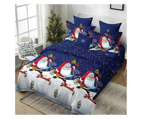 Lenjerie de pat matrimonial cu 4 huse de perna dreptunghiulare, Blue Santa, bumbac mercerizat, multicolor Sofi 1 x 230/250, 1 x