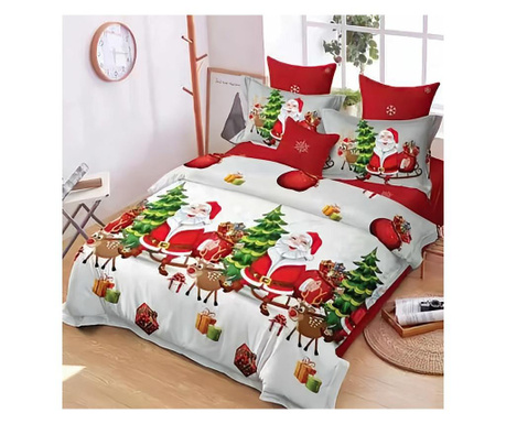 Lenjerie de pat matrimonial cu 4 huse de perna dreptunghiulare, Santa with Deer, bumbac mercerizat, multicolor Sofi 1 x 230/250,