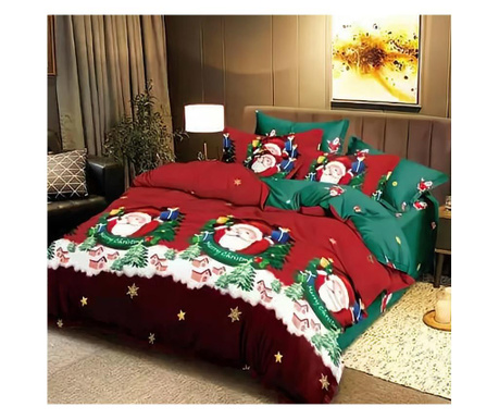 Lenjerie de pat matrimonial cu 4 huse de perna dreptunghiulare, Merry Christmas Santa, bumbac mercerizat, multicolor Sofi 1 x 23