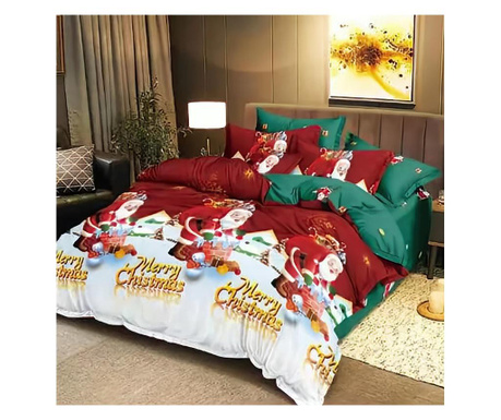 Lenjerie de pat matrimonial cu 4 huse de perna dreptunghiulare, Merry Christmas Santa Claus, bumbac mercerizat, multicolor Sofi