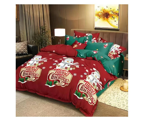 Lenjerie de pat matrimonial cu 4 huse de perna dreptunghiulare, Christmas Snowman, bumbac mercerizat, rosu si verde Sofi 1 x 230