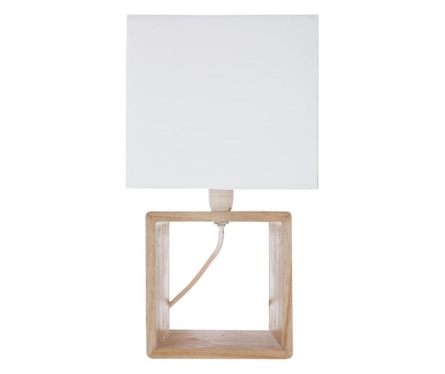 Skandináv design lámpa, fa talpú, négyzet alakú lámpabúra, fehér