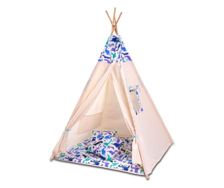 Cort copii stil indian teepee tent kidizi blue dino, include covoras gros si 2 perne