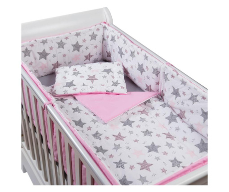 Set lenjerie 5 piese din bumbac kidizi pink stars, perna bebelus, plapumioara, aparatoare si cearceaf  pentru pat 120x60 cm