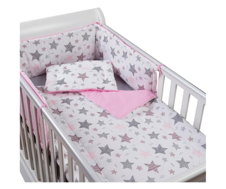 Kidizi Pink Stars 4 részes pamut ágynemű, párna, paplan, ágyrácsvédő és lepedő pentru pat 120x60 cm