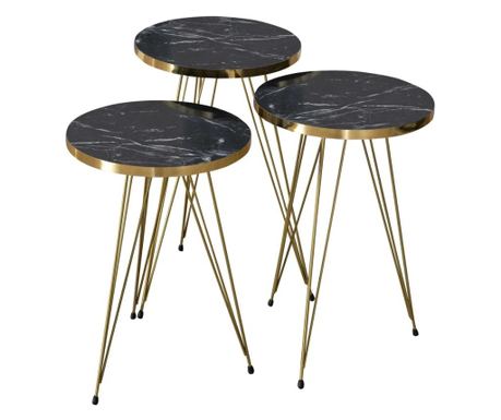 Set 3 masute cafea zigon, metal+pal, negru marmorat cu margine aurie, model 1045, eha  34x54 cm
