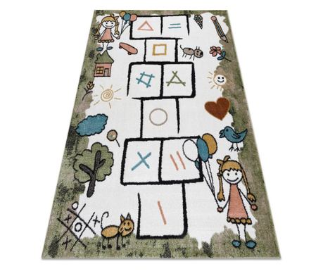 FUN Hop children's rug, featuring a checkerboard pattern, animals, and a green color, 160x220 cm.