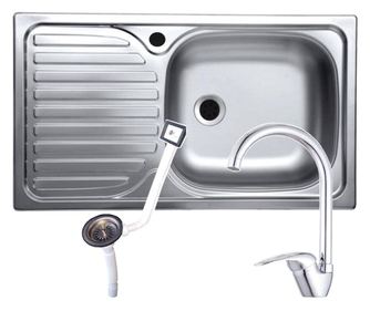 Set chiuveta inox anticalcar de blat + baterie inalta + sifon cu preaplin, 43.5x76 cm, cuva dreapta